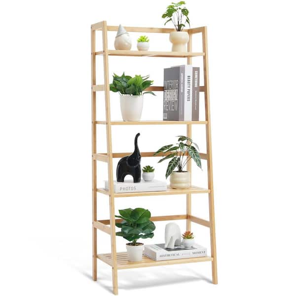 SKYSHALO 4-Tier Bamboo Ladder Shelf, Trapezoid Open Bookcase, Display Storage Rack Organizer, Freestanding Plant Stand Wood