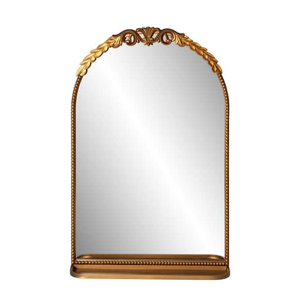 Gold 19.69 in. W x 29.9 in. H Arch Metal Framed Decorative Wall Mirror with Shelf