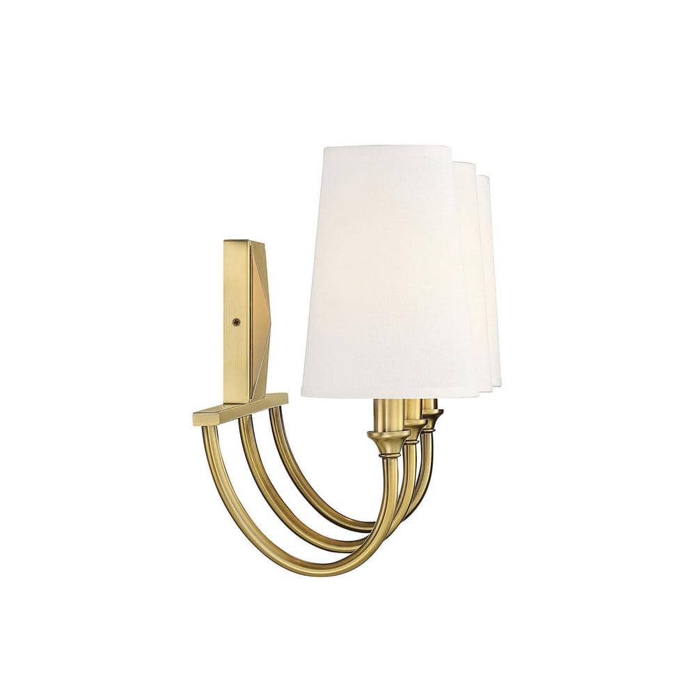 Warm Brass 12" Tall Curved Arm Vanity Light with White Fabric Shades