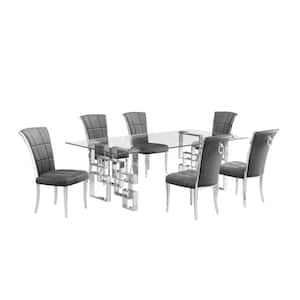 Dominga 7-Piece Rectangular Glass Top Stainless Steel Base Dining Set Seat Capacity 6 Dark Grey Velvet Fabric
