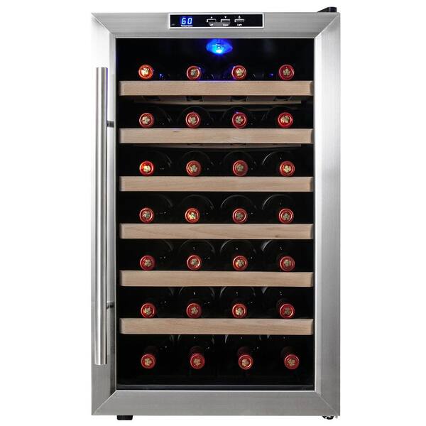 AKDY 28-Bottle Single Zone Thermoelectric Wine Cooler in Stainless Steel with Wooden Shelves
