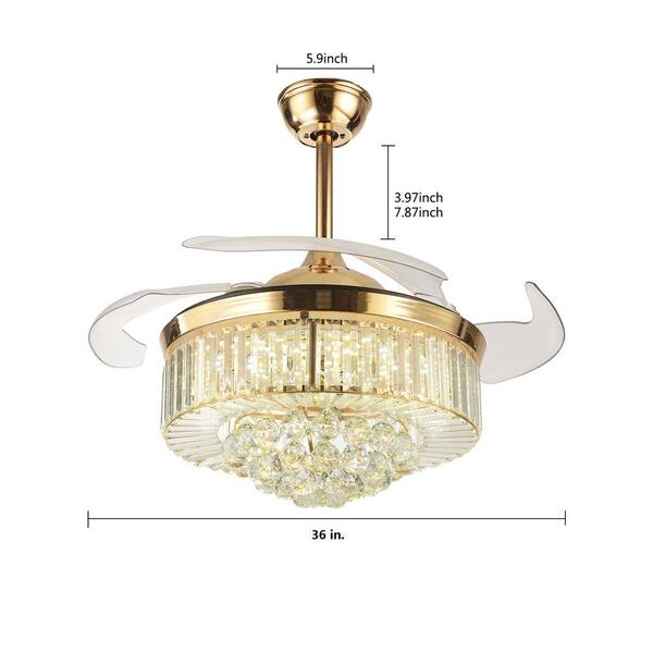 OUKANING 36 in. Gold Modern Indoor Crystal Decor Shade Retractable