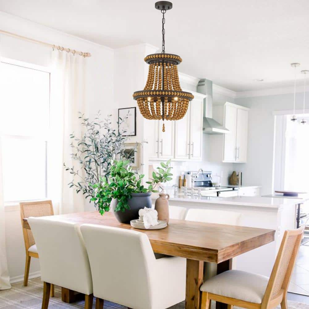 Oil Rubbed Bronze Beaded Empire Chandelier with Wooden Accents