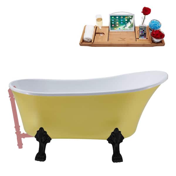 Streamline 63 in. x 28.3 in. Acrylic Clawfoot Soaking Bathtub in Matte Yellow with Matte Black Clawfeet and Matte Pink Drain