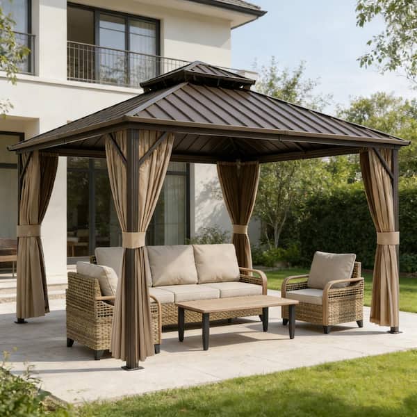 12 ft. x 12 ft. Metal Double-Roof Hardtop Gazebo Galvanized Top 2-Tier Aluminum Frame w/ Zippered Curtain and Netting