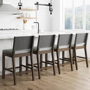 Linus 36 in. Modern Wood Counter Height Bar Stool with Faux Leather Back and Ivory Upholstered Fabric Seat, Set of 4