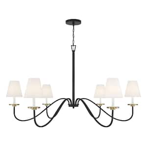 60 in. W x 33.38 in. H 6-Light Black and Natural Brass Chandelier with White Candle Sleeves and White Fabric Shad