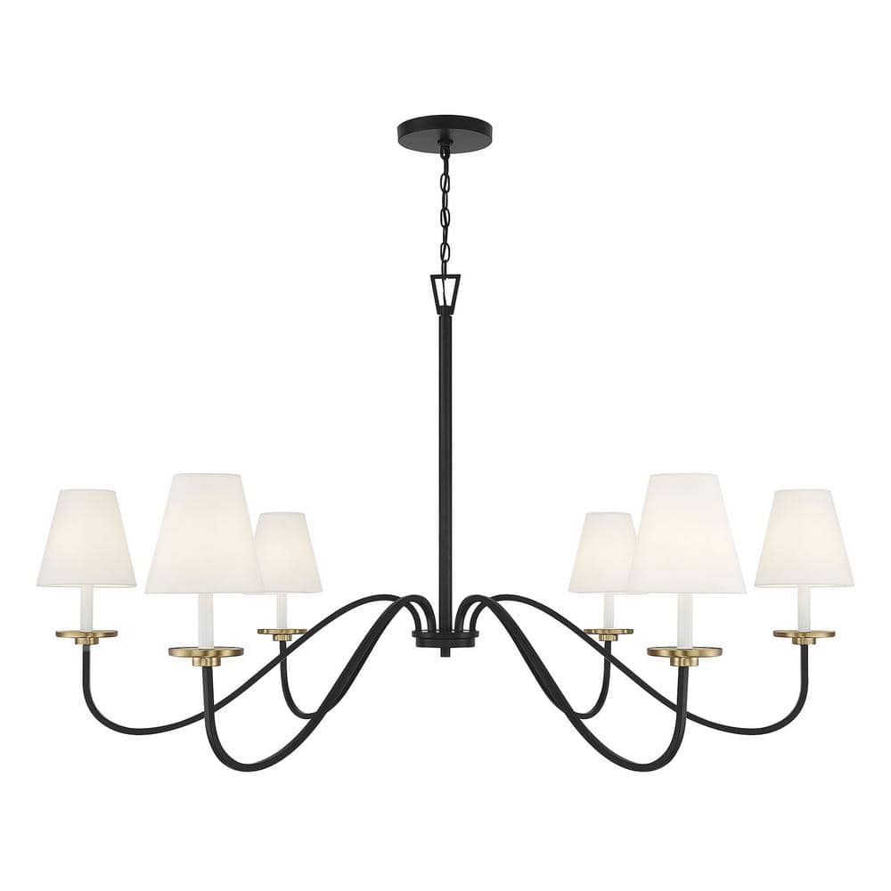 Black and Brass 6-Light Chandelier with White Shades