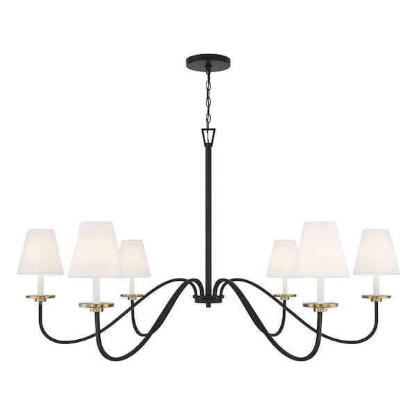 60 in. W x 33.38 in. H, 6-Light Black/Natural Brass Chandelier with White Candle Sleeves and White Fabric Shades