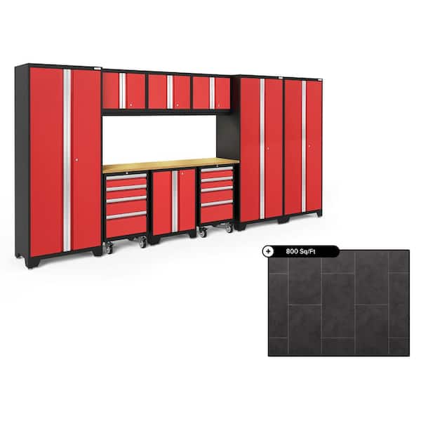 NewAge Products Bold Series 162 in. W x 76.75 in. H x 18 in. D Steel Cabinet Set in Red ( 10- Piece ) with 800 sqft Flooring Bundle