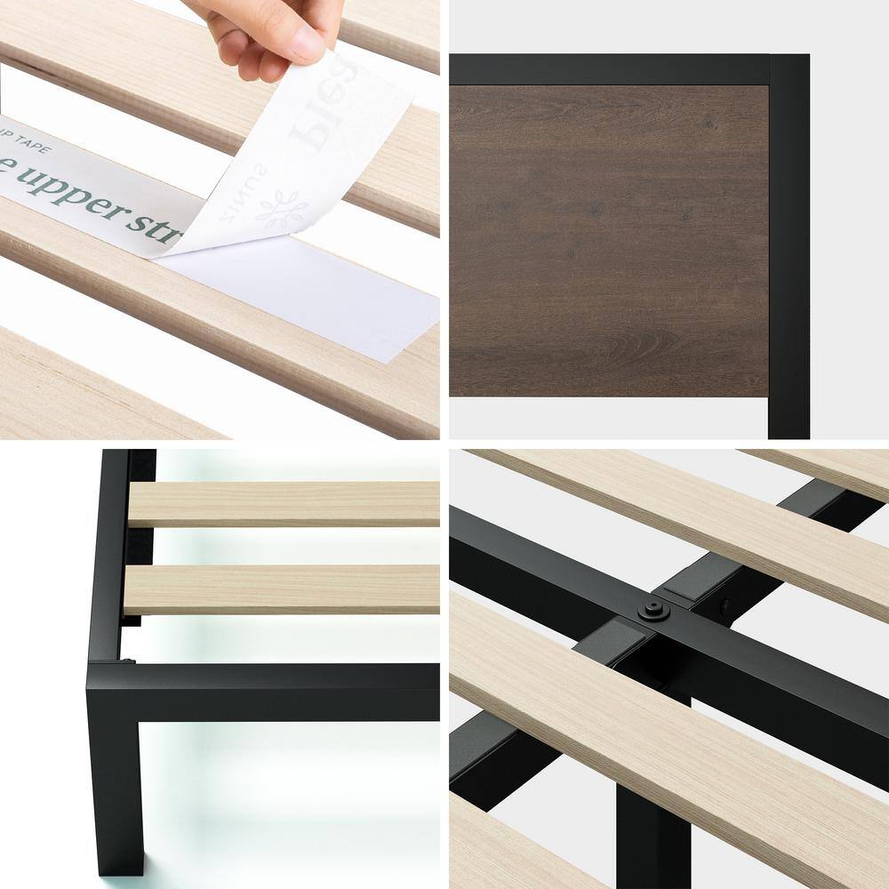 Full Black Metal Platform Bed Frame with Wood Headboard