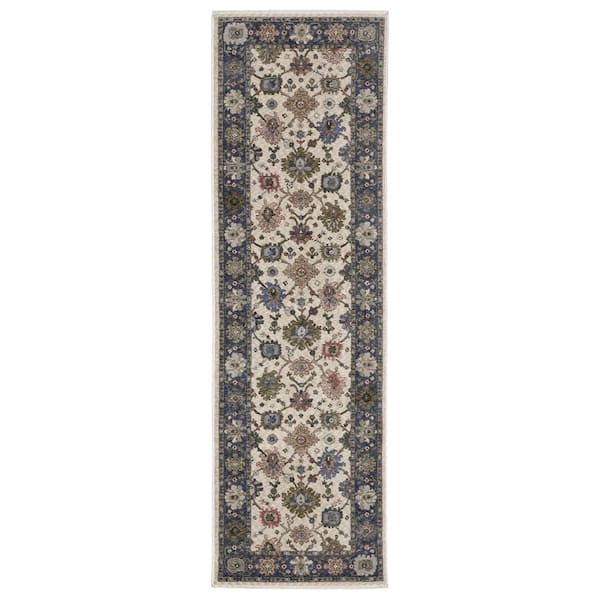 AVERLEY HOME Hunter Ivory/Blue 2 ft. x 8 ft. Persian Floral Polyester Fringe-Edge Indoor Runner Area Rug