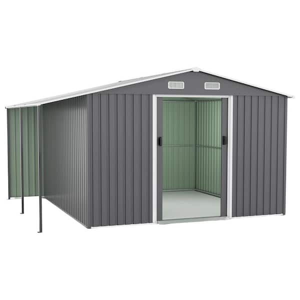 Davy 12 ft. x 10 ft. Dual-Zone Dark Gray Galvanized Metal Outdoor Storage Shed with Lockable Doors, Firewood Rack Bay