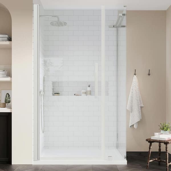 Breeze 32 in. L x 32 in. W x 76.97 in. H Corner Shower Kit with Clear  Framed Sliding Door in Satin Nickel and Shower Pan