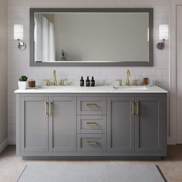 Wyndham Collection Miranda 72 in. W x 22 in. D x 33.75 in. H Double Bath Vanity in Dark Gray with Giotto Quartz Top and 70 in. Mirror