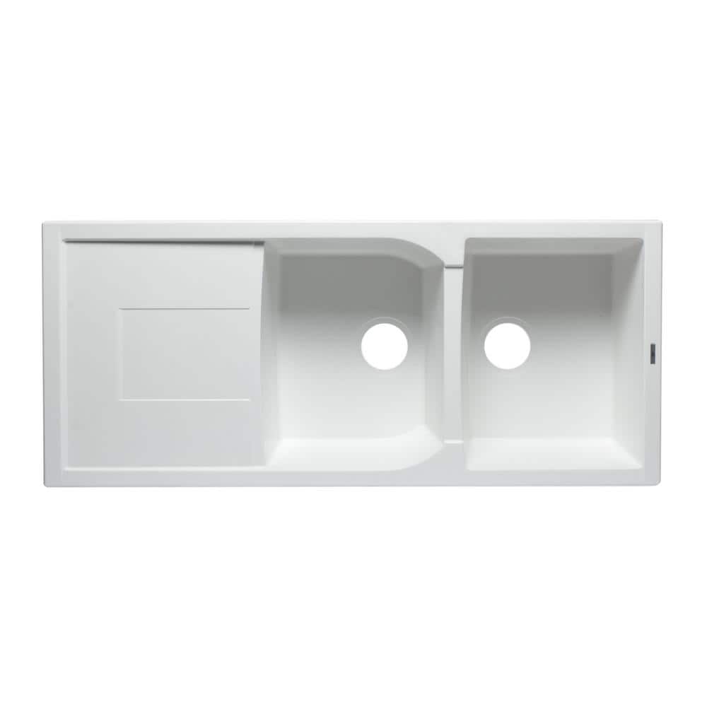 White 46'' Double Bowl Granite Drop-In Kitchen Sink with Drainboard