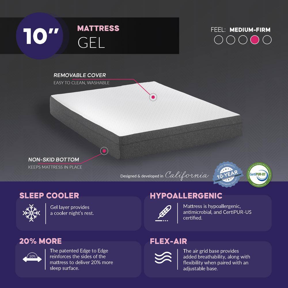 Split King Adjustable Bed with Gel Memory Foam Mattress in White Linen