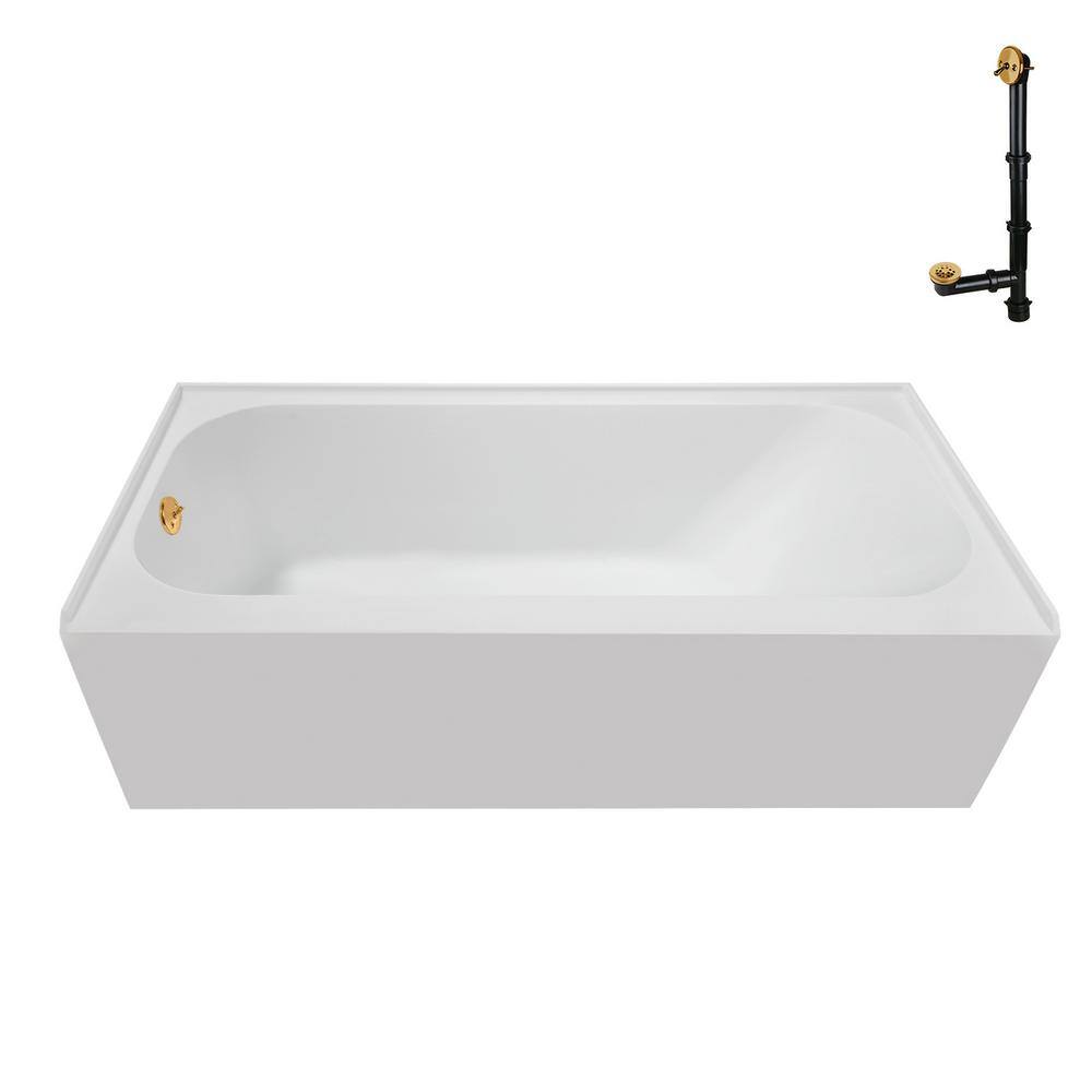 Glossy White Acrylic Alcove Bathtub with Brushed Gold Trim