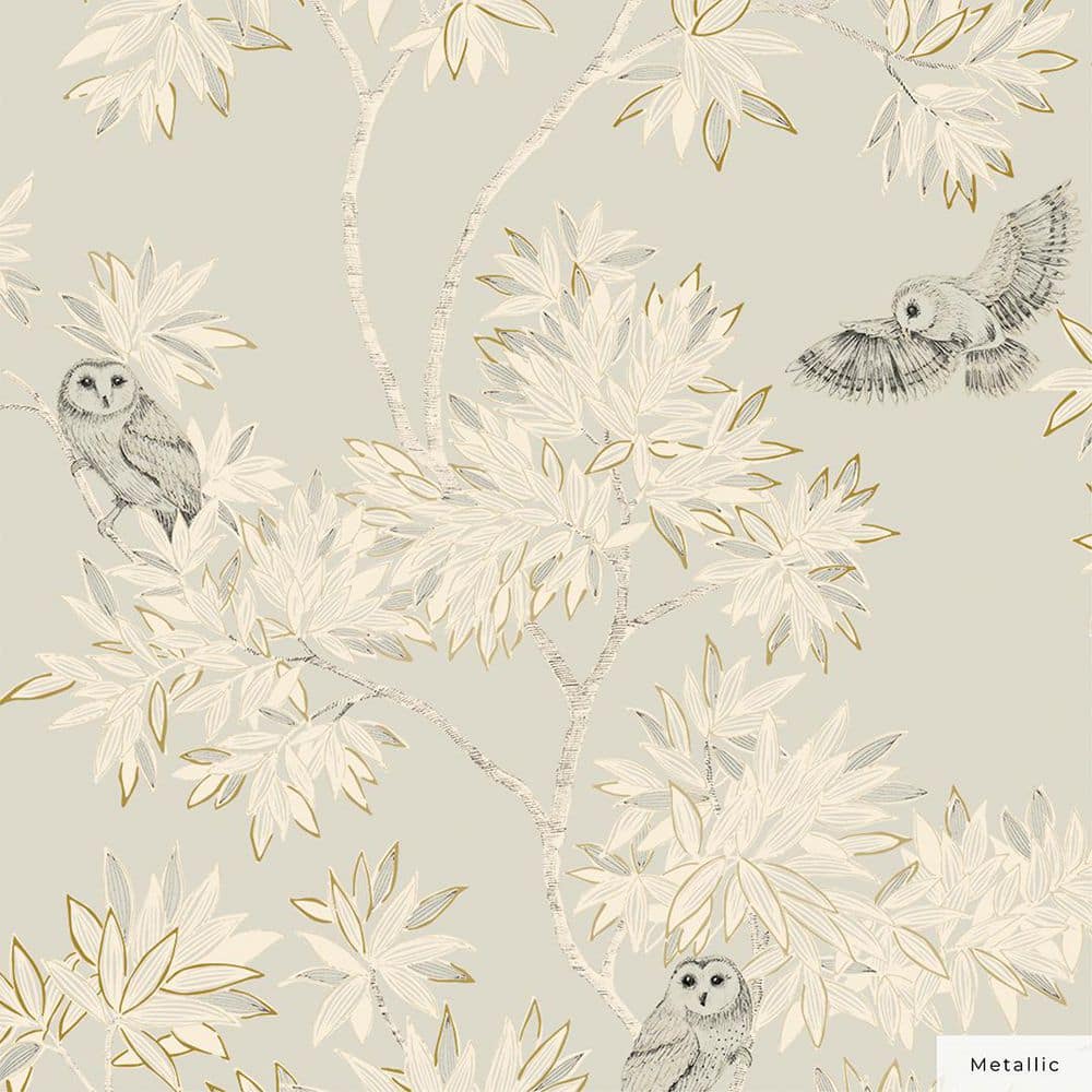 Metallic Natural Beige Parliament Owls Unpasted Wallpaper Roll (Covers 56 sq. ft.)