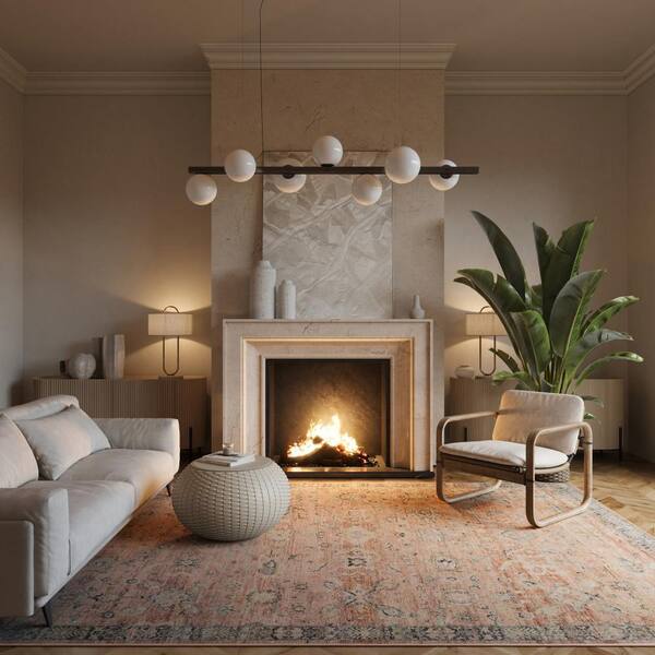 Mirelda Traditional Bordered Washable Peach 7 ft. x 9 ft. Indoor Area Rug