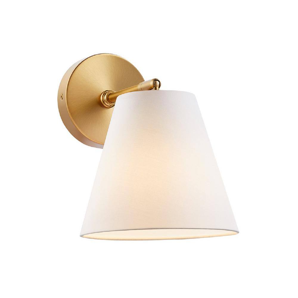 Meridian 8 in. W x 10 in. H 1-Light Natural Brass Transitional Wall Sconce with White Fabric Shade (Set of 2) price history on PriceWatchPro