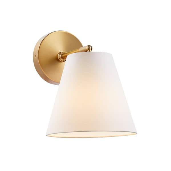 Savoy House Meridian 8 in. W x 10 in. H 1-Light Natural Brass Transitional Wall Sconce with White Fabric Shade (Set of 2)