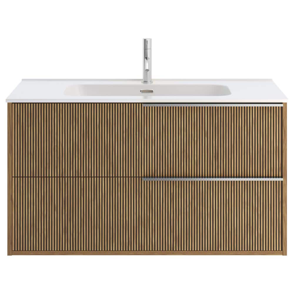 40" Medium Brown MDF Wall-Mounted Vanity with White Ceramic Sink