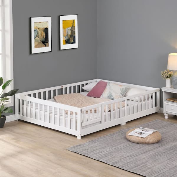 White Solid Wood Platform Bed Frame with Fence and Door