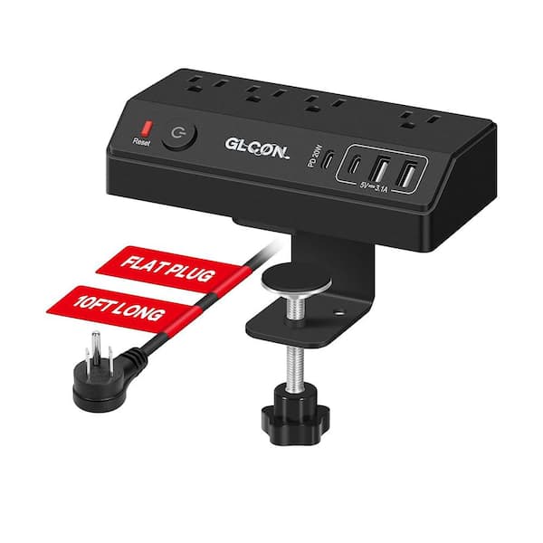 Lukyamzn 10 ft. Flat Plug Extension Cord Power Strip 4-Outlets Surge Protector in Black with 2 USB & 2 Type C Ports Desktop Mount