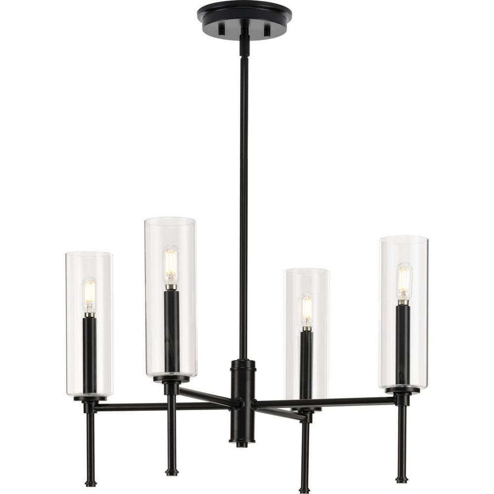 Elara Matte Black 4-Light Steel Chandelier with Clear Glass Shades