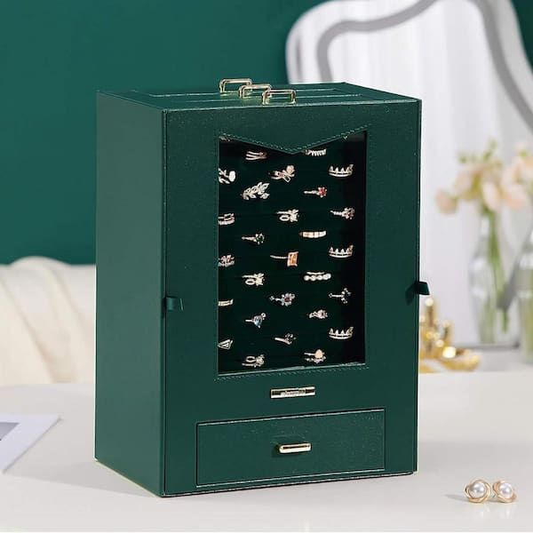 Forest Green 8.5 in. x 11.5 in. Polyurethane Modern Jewelry Box with Transparent Window