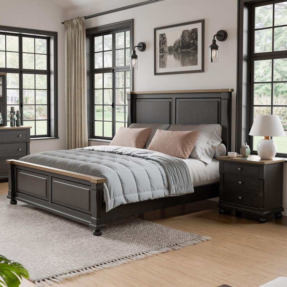 Windcrest 2-Piece Farmhouse Black/Rustic Oak Wood Queen Bedroom Set with 3-Drawer Nightstand price history on PriceWatchPro