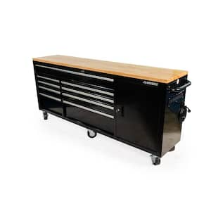 84 in. W 18 in. D 9-Drawer Mobile Workbench with Wood Top Gloss Black