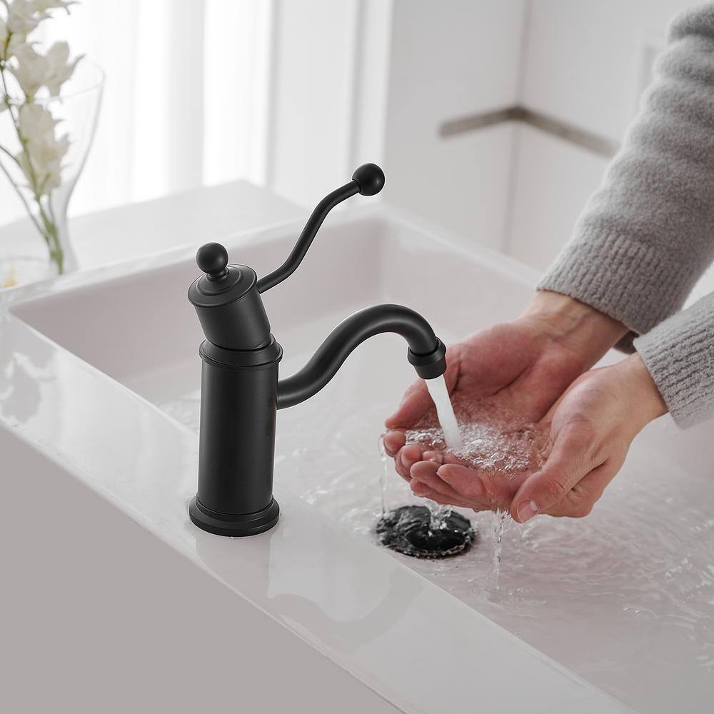 Matte Black Single-Handle Low-Arc Bathroom Faucet with Metal Drain