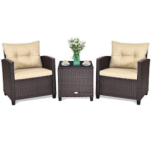 3-Piece Wicker Patio Conversation Set Rattan Furniture Set with Beige Washable Cushion