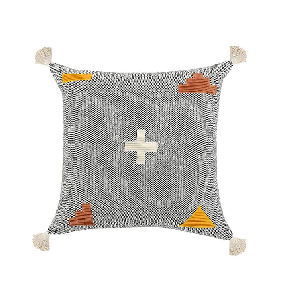 Swiss Zeal Gray Positive Sign Textures Tassels Poly-fill 20 in. x 20 in. In