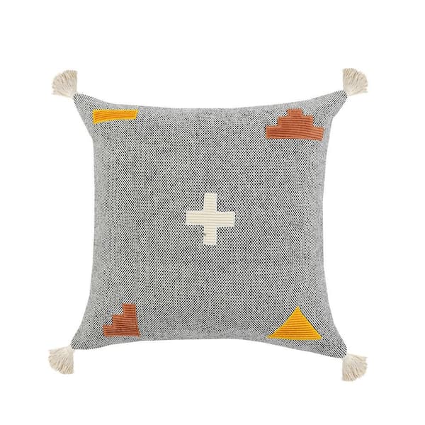 Unbranded Swiss Zeal Gray Positive Sign Textures Tassels Poly-fill 20 in. x 20 in. Indor Throw Pillow
