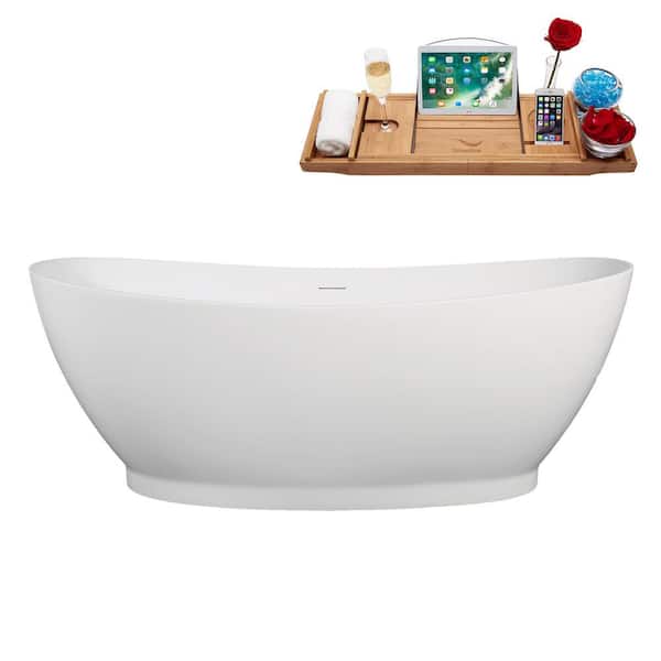 Streamline 67 in. x 32 in. Acrylic Freestanding Soaking Bathtub in Glossy White With Matte Oil Rubbed Bronze Drain, Bamboo Tray