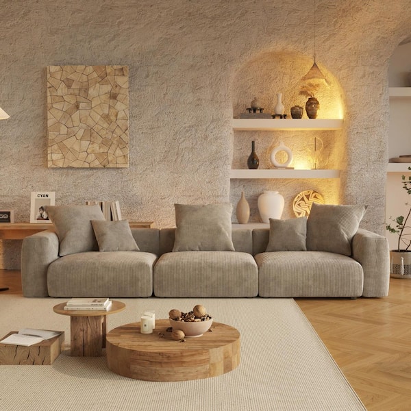 Magic Home Modern 142 in. Square Arm Corduroy Modular Oversized Floor Sofa Grand Couch with Ottoman and Removable Covers in Brown