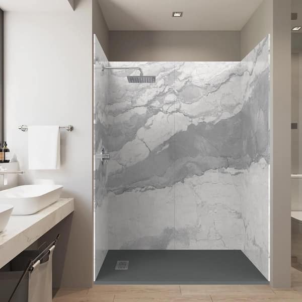 Italian Ice 32 in. x 60 in. x 84 in. Solid Composite Stone Alcove Shower Kit with Walls and Graphite Pan Base L/R Drain