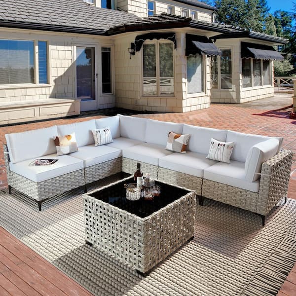 XIZZI Apollo 7-Piece Wicker Outdoor Patio Conversation Seating Set with Gray Cushions
