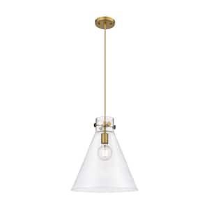 Newton Cone 100-Watt 1 Light Brushed Brass Shaded Pendant Light with Clear glass Clear Glass Shade