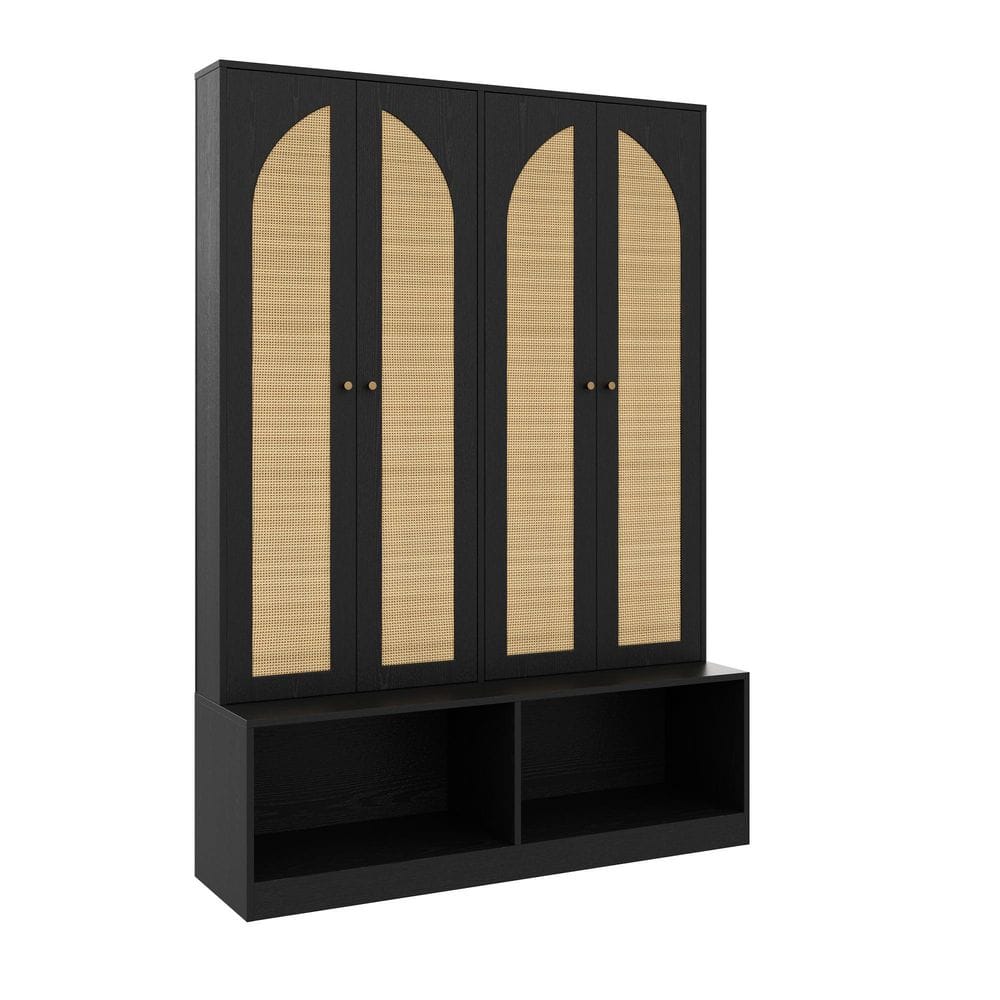 Black Hall Tree with 4-in-1 Seating Bench, Shoe Cabinet, Adjustable Shelf and 4 Rattan Doors with 6 Hooks price history on PriceWatchPro
