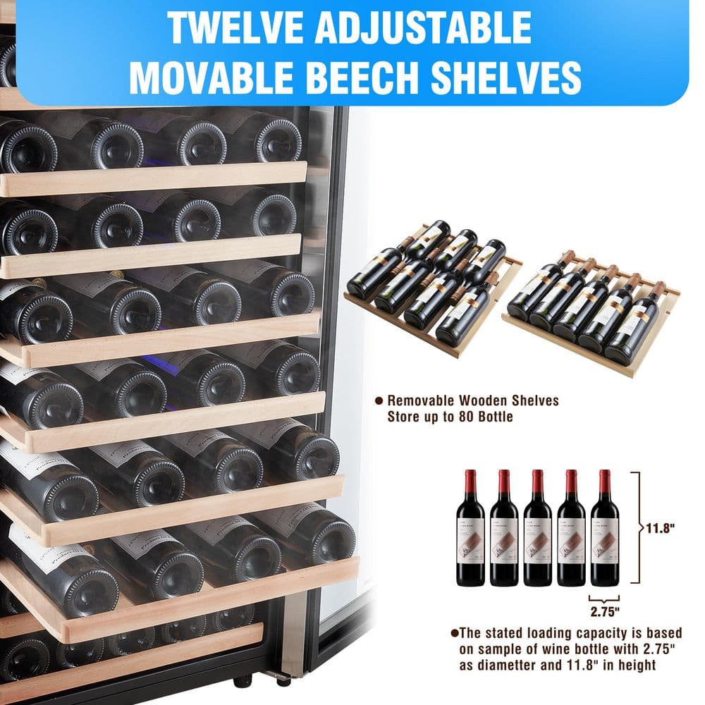 Kalamera Black and Silver Stainless Steel 80 Bottle Freestanding Wine Cooler