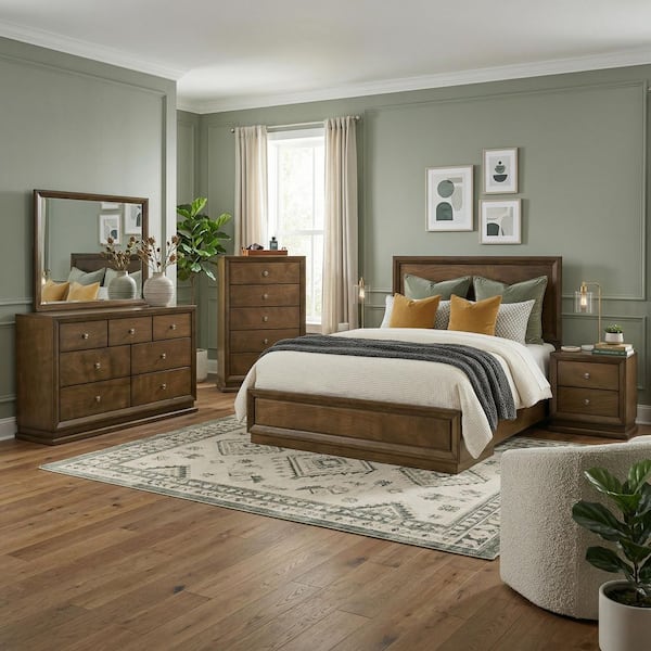 Joune 6-Piece Walnut Wood Frame King Panel Bedroom Set with Beleved Corner, Metal Center Glide, Zinc Bronze Metal Knobs