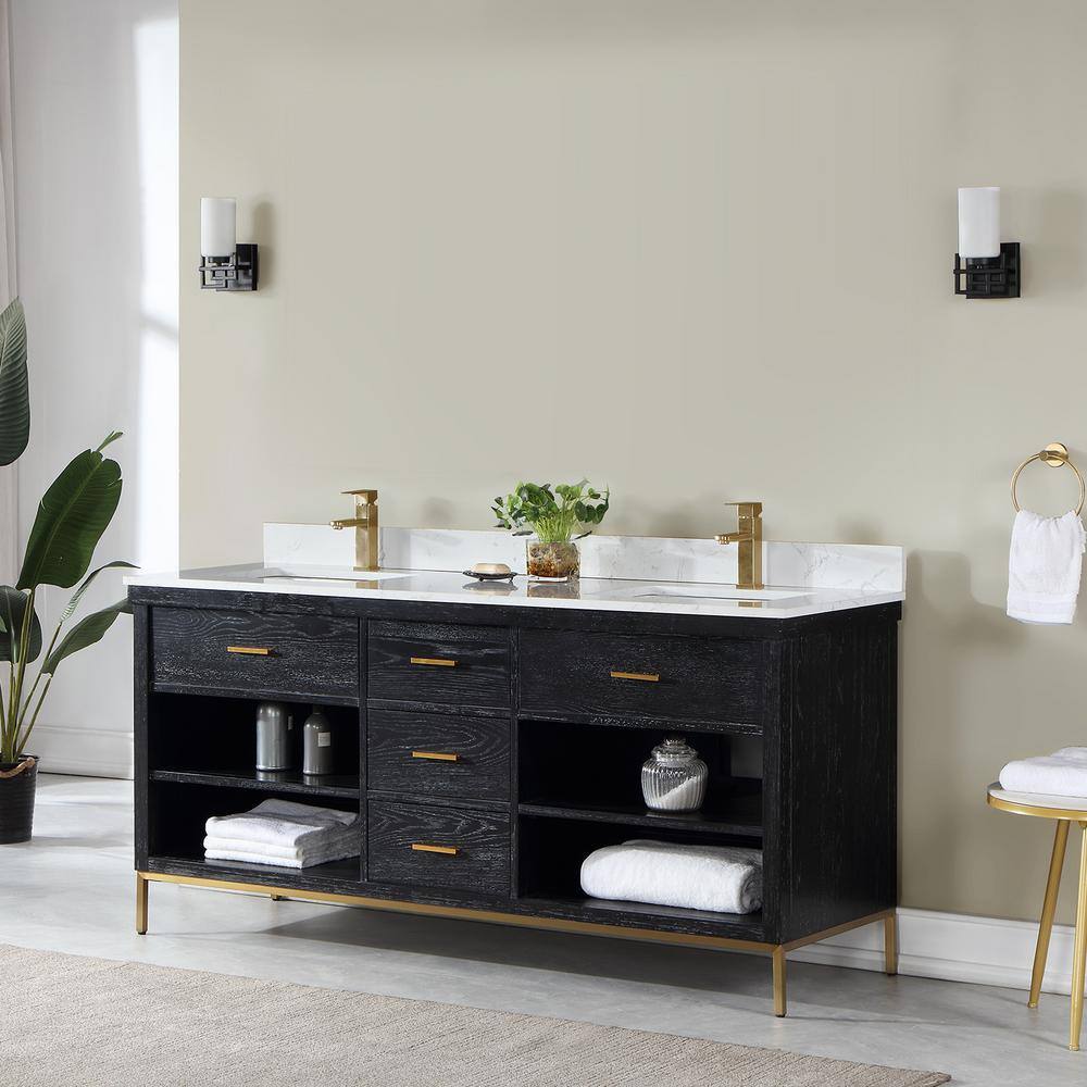 Kesia 72" Black Oak Double Vanity with White Stone Countertop