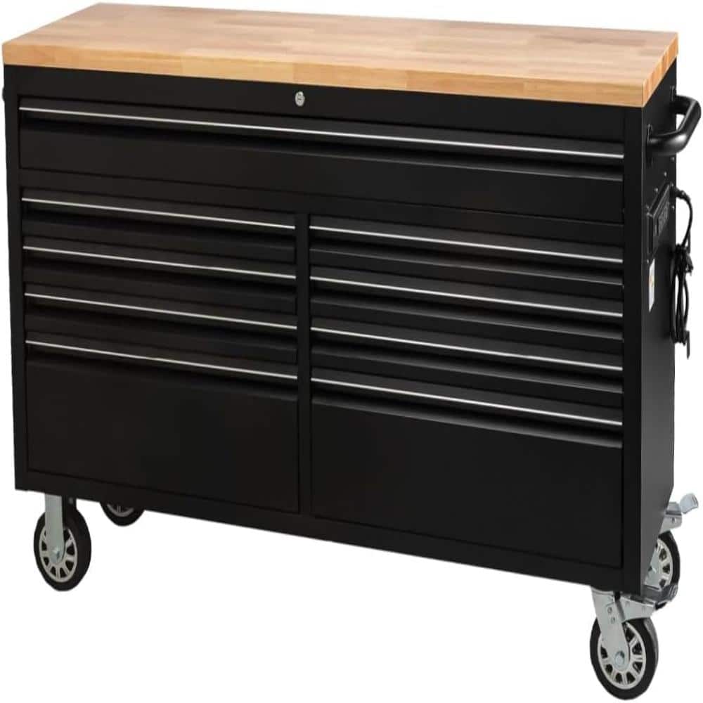 "Solid Wood Workbench 9-Drawer Tool Chest 61"" Black Steel Lockable Cabinet with Locking Casters for Tool Storage" price history on PriceWatchPro