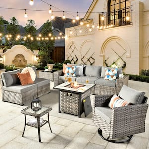 Crater Grey 9-Piece Wicker Outdoor Patio Fire Pit Conversation Sofa Set with a Swivel Rocking Chair and Grey Cushions