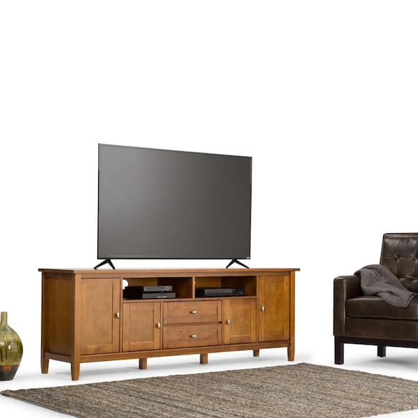 Warm Shaker Solid Wood 72 in. Wide Transitional TV Media Stand in Light Golden Brown for TVs up to 80 in.