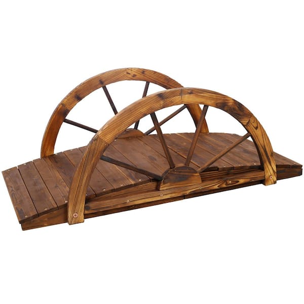 Ami 3.3 ft. Wooden Garden Bridge, Stained Fir Footbridge with Half-Wheel Railings for Yard, Pond